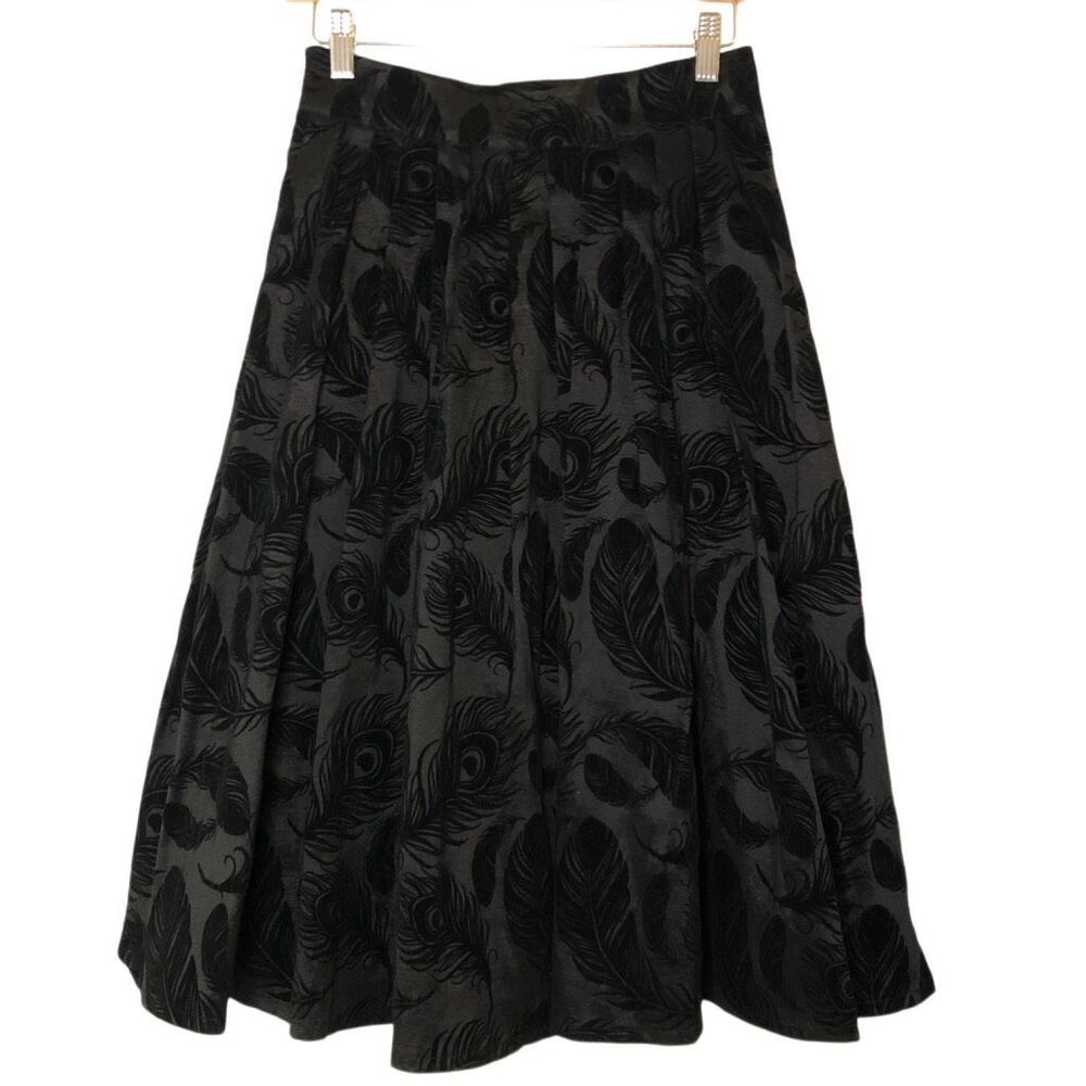 Voodoo Vixen Black Flocked Peacock Feather Swing Midi Skirt Small Rockabilly Got - Picture 2 of 10